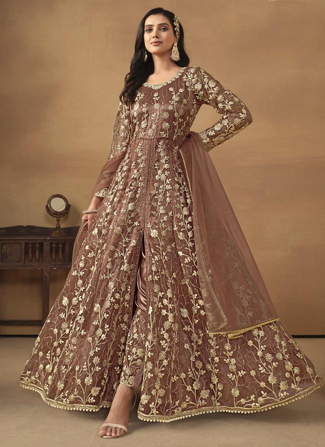 Net Brown Wedding Wear Embroidery Work Anarkali Suit